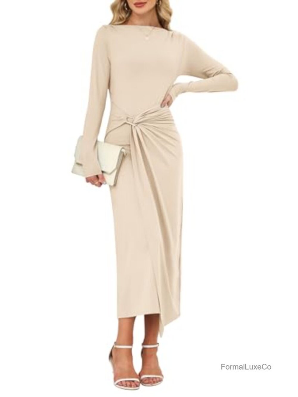 Womens Long Sleeve Midi Dress High Neck Ruched Bodycon Cocktail Wedding Guest